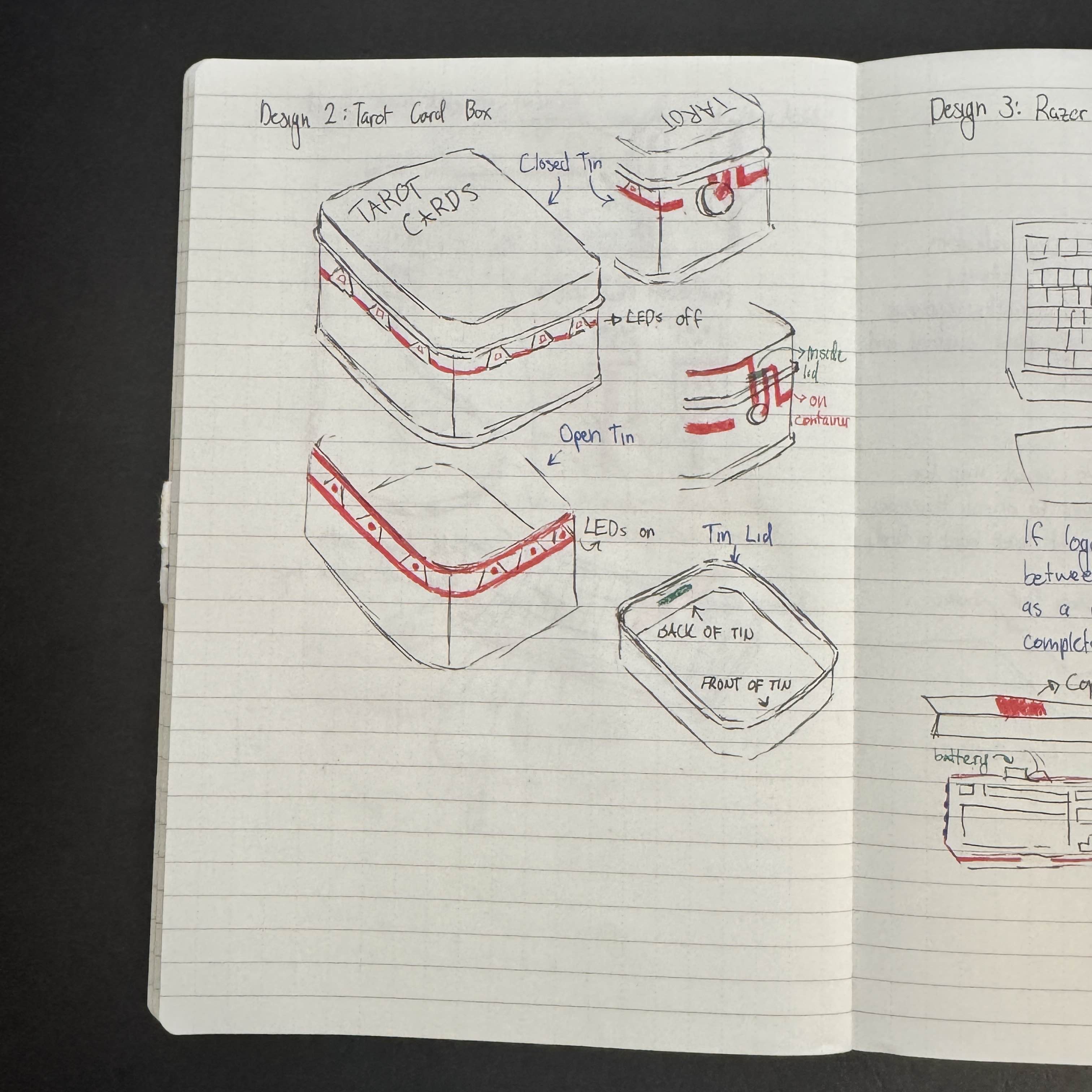 When designing the tarot card tin's circuit, I wanted to increase the sense of mystique that comes with using tarot cards. I wanted the lights to turn on when the box opens so it could be used to set the atmosphere and because it reminded me of the &ldquo;Fake Psychic&rdquo; trope in media who tricks people into thinking they're magical, when really they're just using special effects and science. <br> <br> Also, from the start of the project, I always thought that the LED stickers almost looked like eyes in a way, which totally fits the concept of tarot and mysticism. On top of that though, the LED stickers are triangles, and pop culture always seems to think of the shape as mysterious, as seen with the Illuminati and the Bermuda triangle.