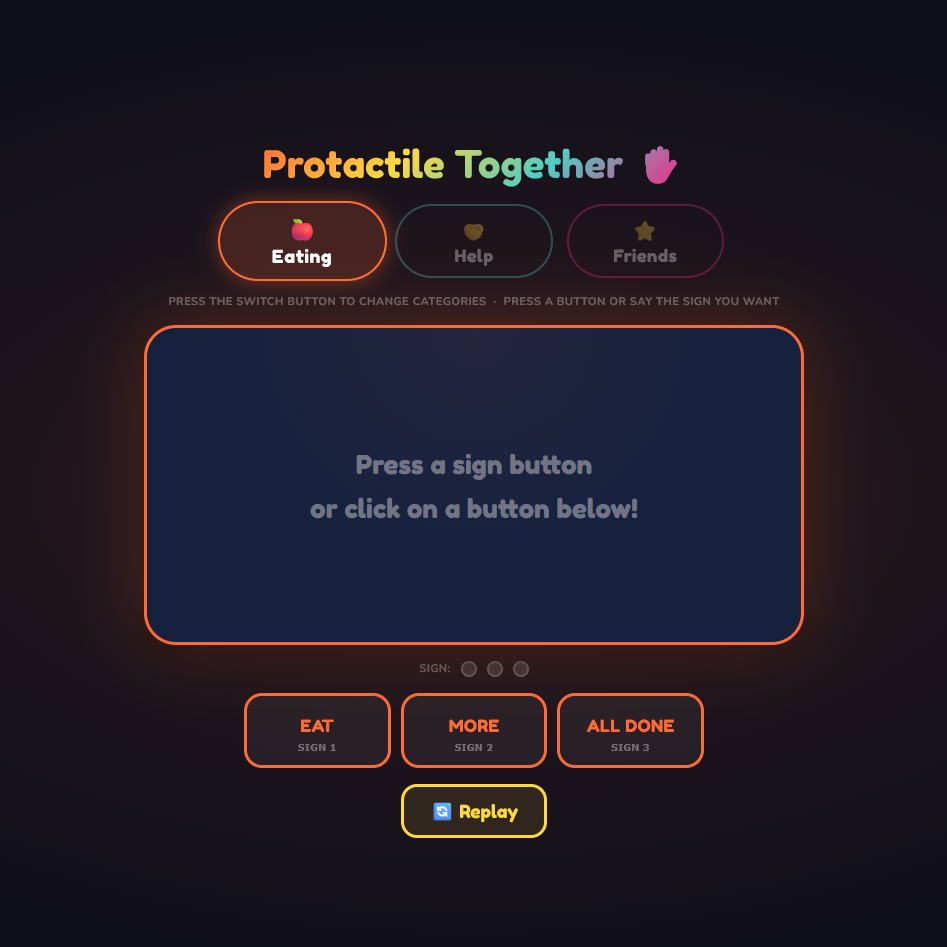 Protactile Together is a spoken English to Protactile ASL dictionary that uses mouse, Makey Makey button, or microphone input to play a GIF of the requested sign. As a proof of concept, the website currently supports only 9 signs, but the final form of this website would be as all-encompassing as a standard dictionary.