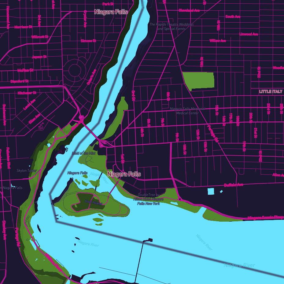 My overall favorite! Perfect neons and vibrancy with the roads, water, and greenspace. They look beautiful with the dark land color.