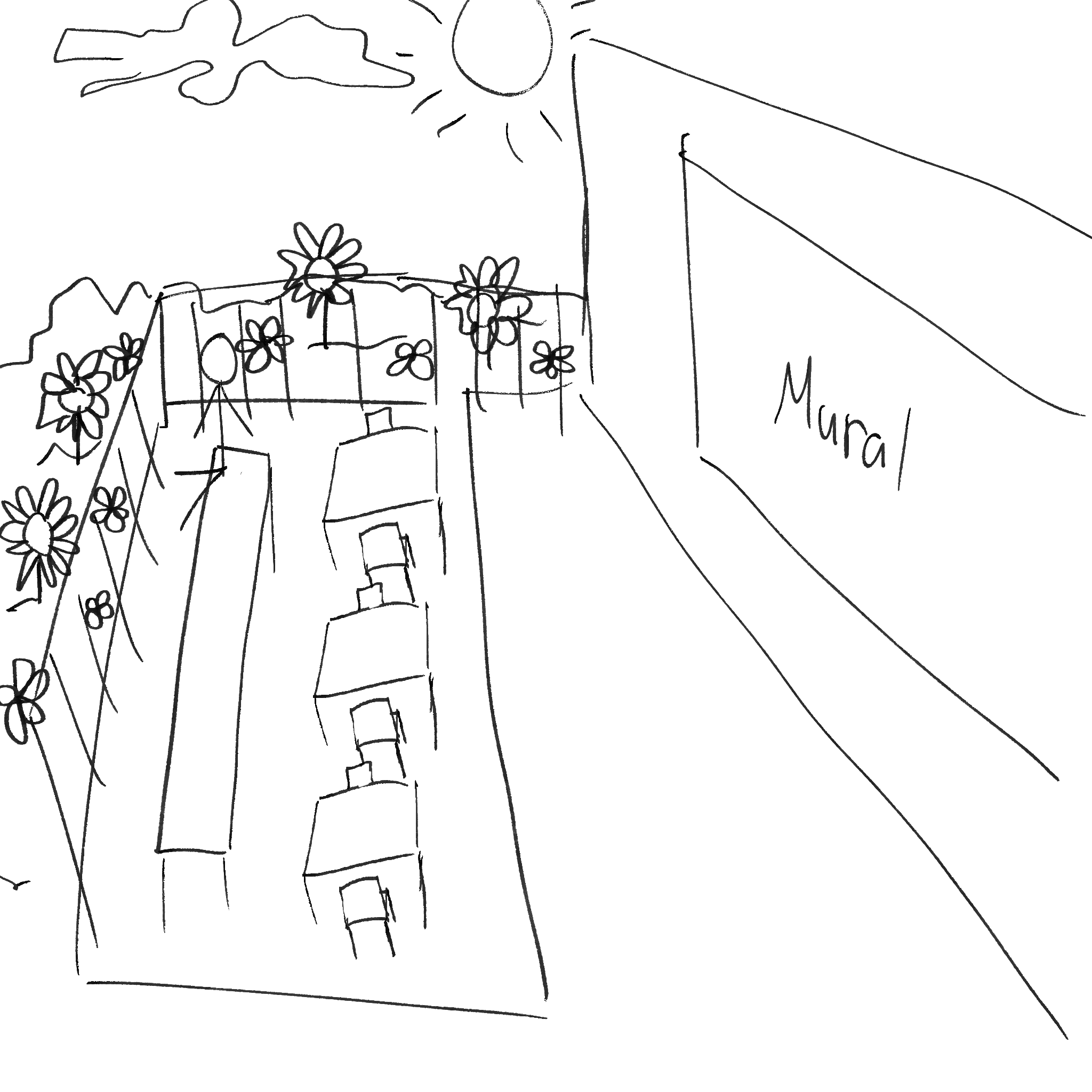 To highlight the Mosaic wall by the Annie Smith building, I would remove the canopy above the art piece. On top of this, by adding seating areas, foot traffic near and awareness of the art piece would increase. I also added flowers because they're pretty and add greenery! :D