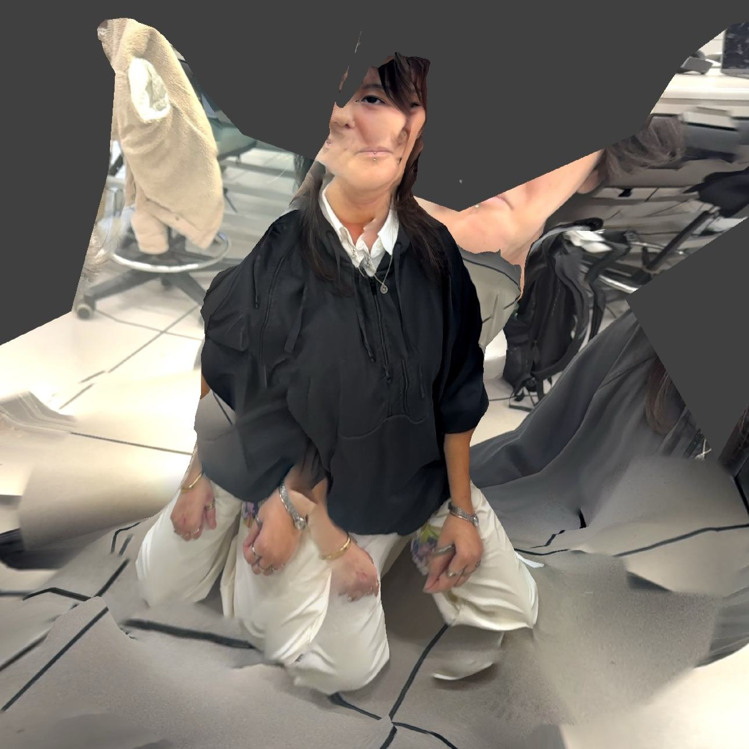 After seeing my face get caught in some of my friends' scans, I wanted to try to scan myself in a horror-esque way. It might not fit the project concept, but I wanted to see how I could distort the scans to maximize the artistry. I wanted to have different distinct expressions for each angle, but I found it hard to figure out when to move towards the camera and when to change expressions. Glad to have experimented.